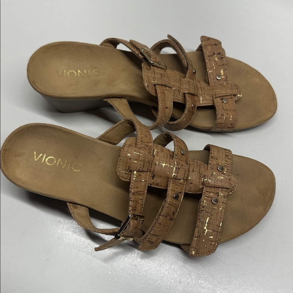 Vionic Amber Adjustable Orthopedic Open Toe Sandals Shoes Tan Cork Womens Size 8